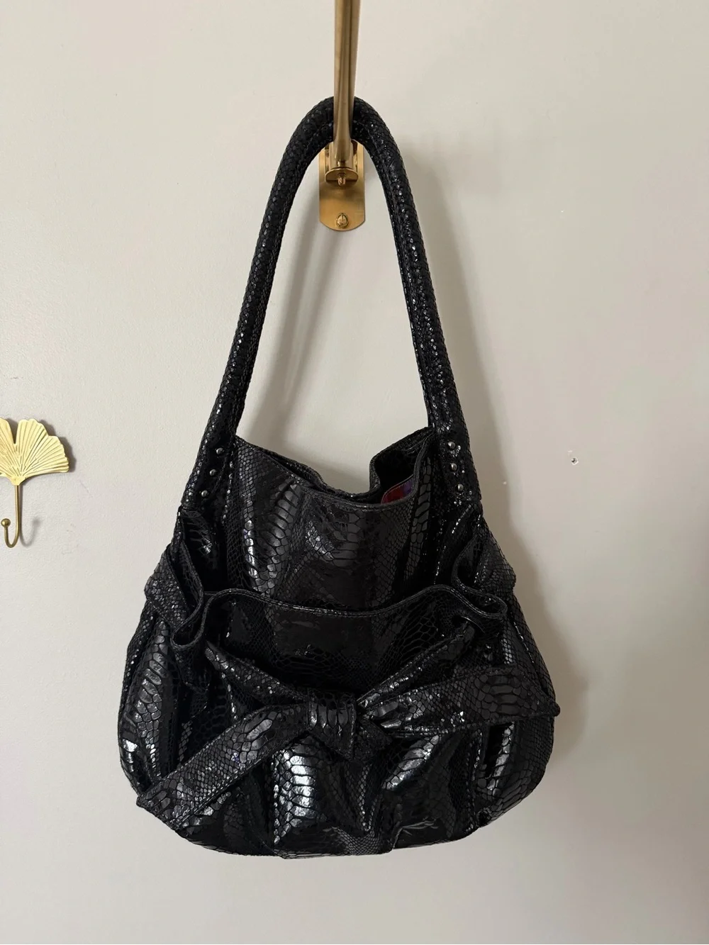 Perlina Black Snakeskin embossed patent leather Bow Shoulder Bag